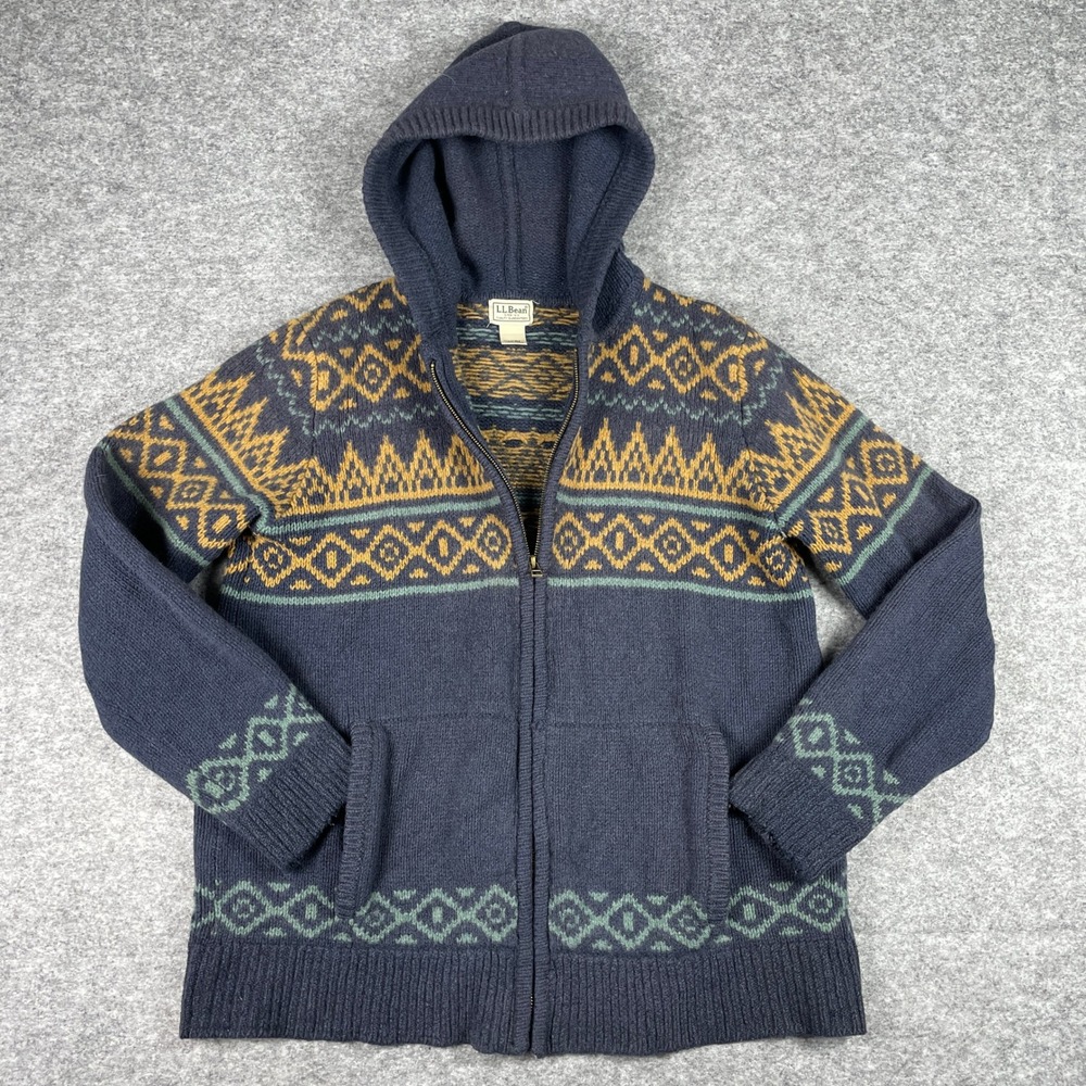 L.L. Bean Sweater Jacket Mens XXL Blue Fair Isle Lambs Wool Full Zip Scratchy